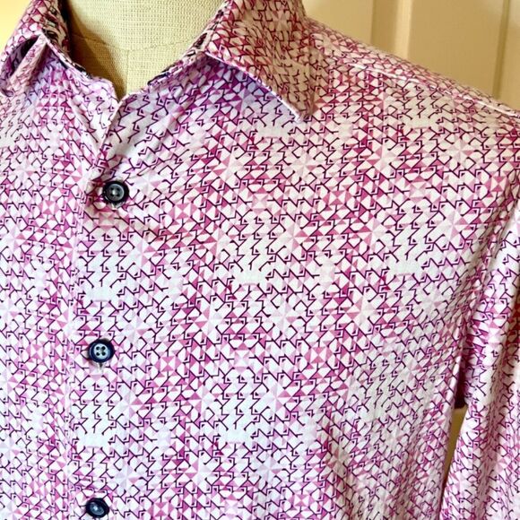 EUC Men's Robert Graham Pink White Print Betts Flip Cuff Stretch Shirt Sz SMALL - Picture 4 of 8